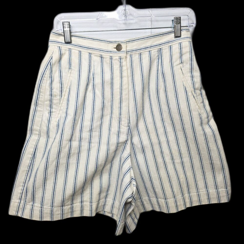 DKNY Jeans Shorts Women 10 Denim White Blue Pinstripe High Waisted Bermuda Mom